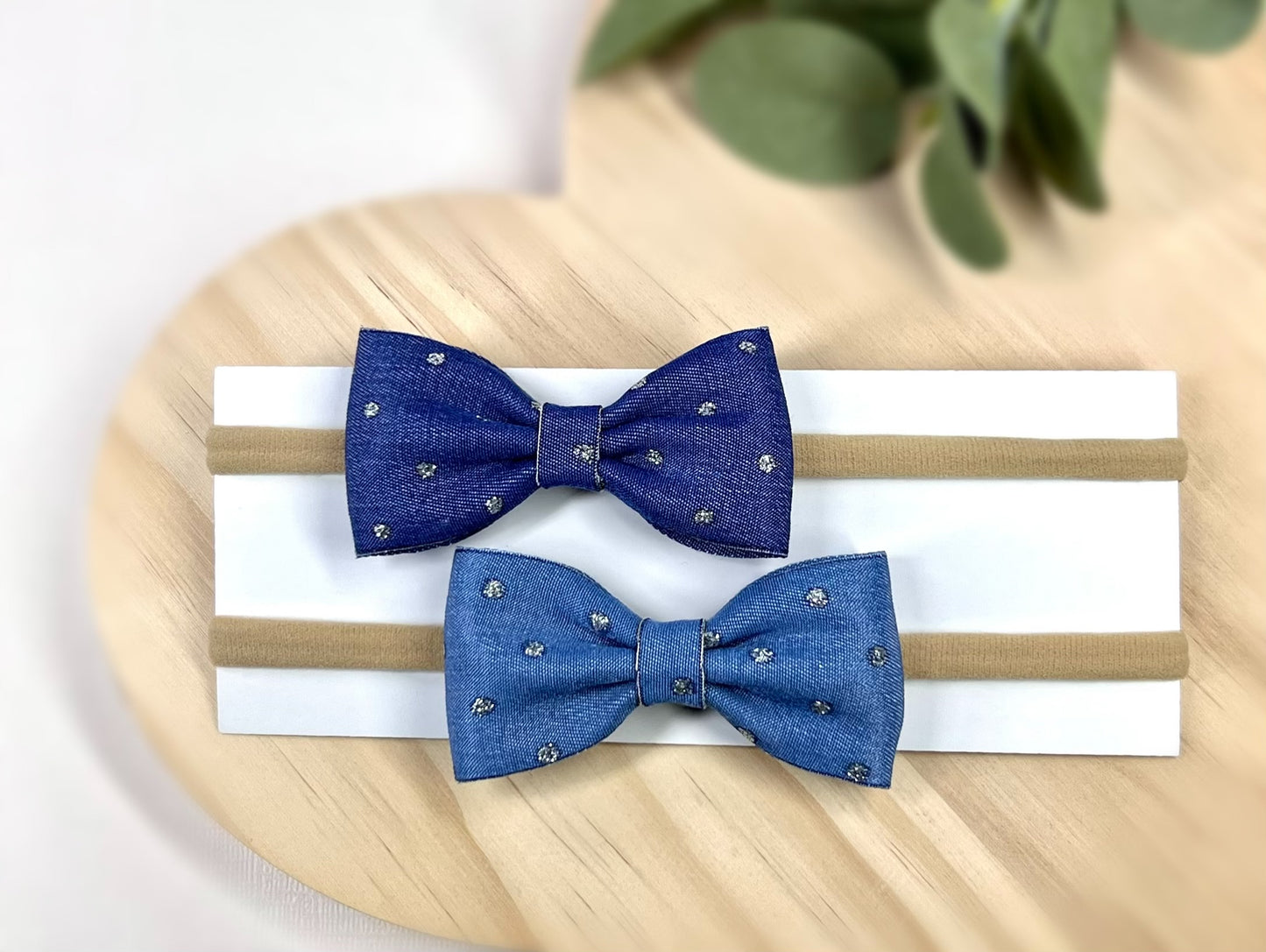 Chic Denim Bow Headbands with Silver Dots.