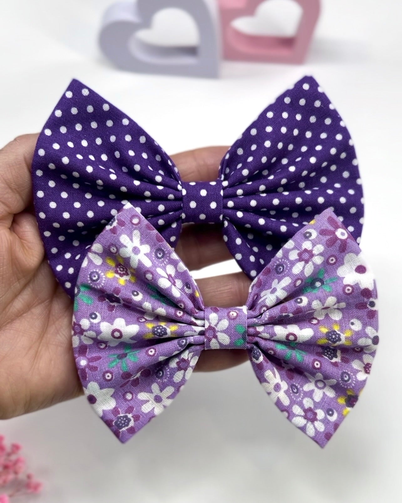 Set of 2 Fabric Hair Clips – Polka Dot + Floral Bows with Nonslip Backing | Girls Hair Clips Bows | Polka Dot Hair Bows