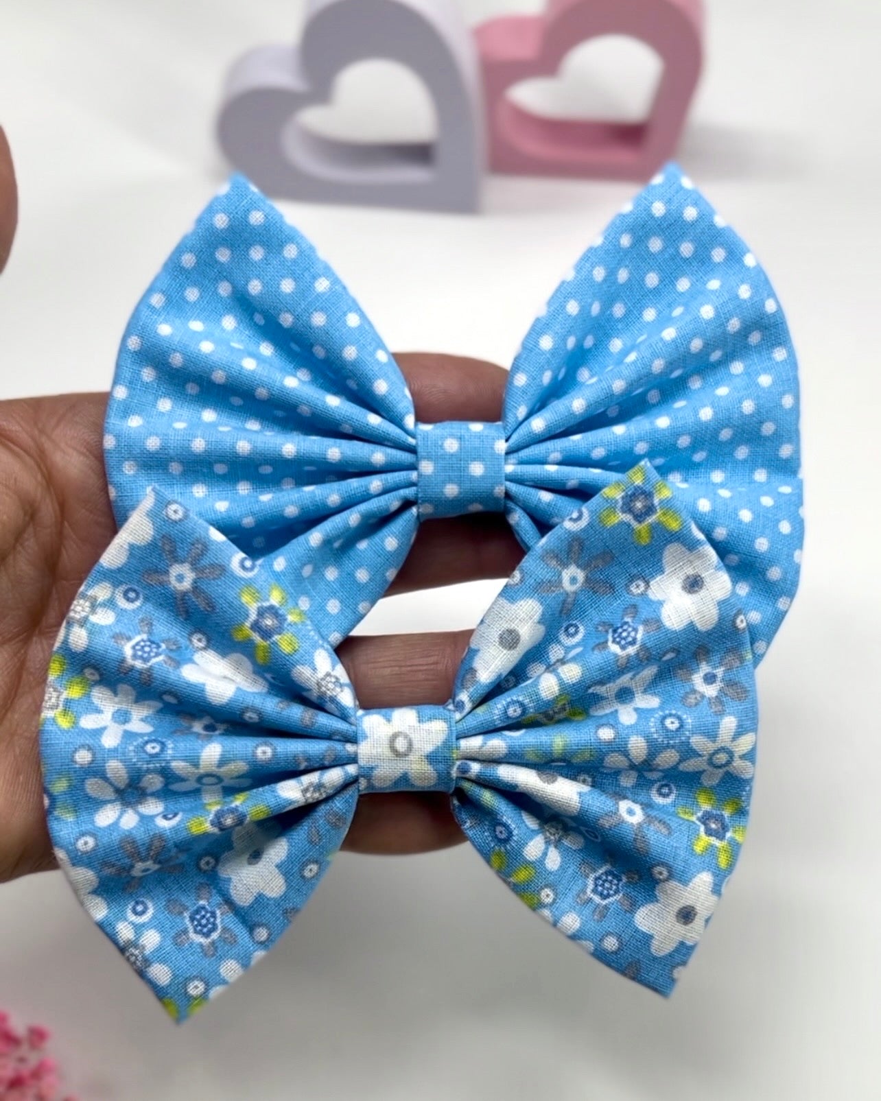 Set of 2 Fabric Hair Clips – Polka Dot + Floral Bows with Nonslip Backing | Girls Hair Clips Bows | Polka Dot Hair Bows