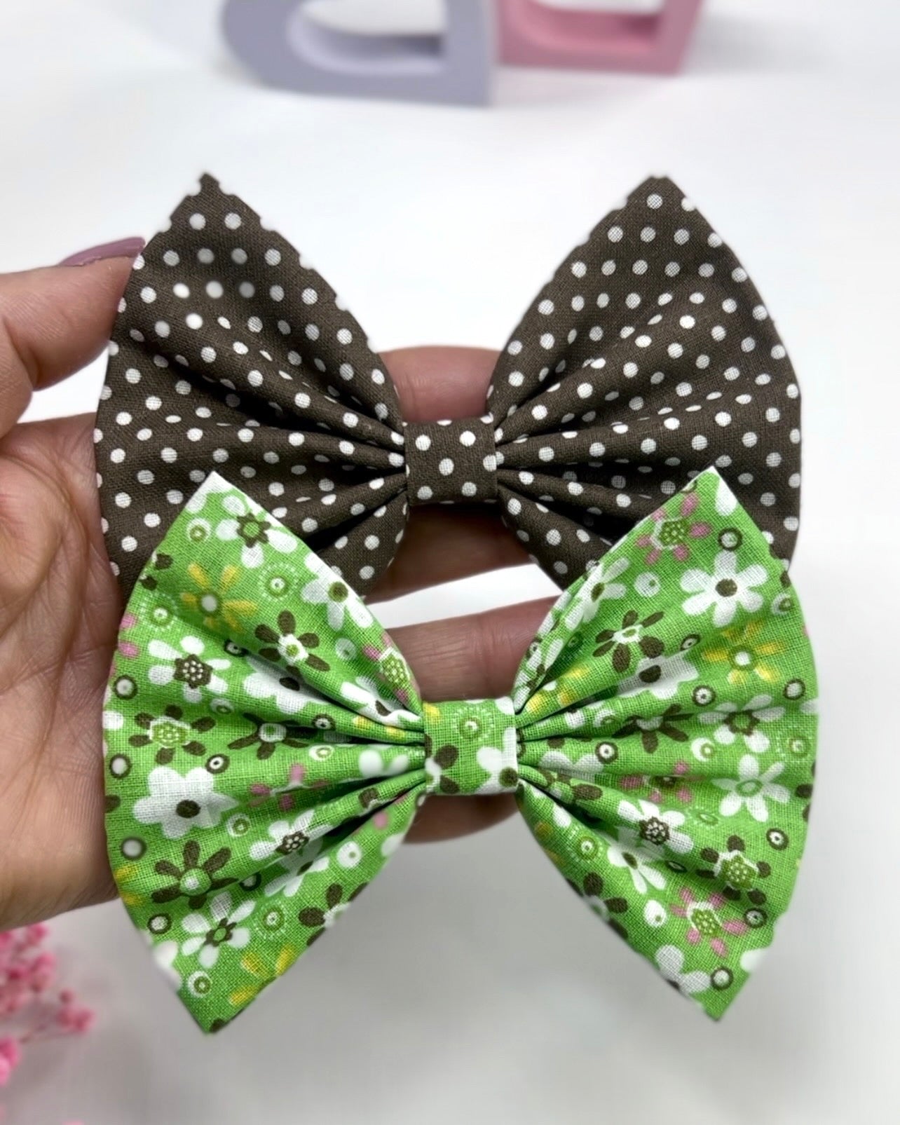 Set of 2 Fabric Hair Clips – Polka Dot + Floral Bows with Nonslip Backing | Girls Hair Clips Bows | Polka Dot Hair Bows