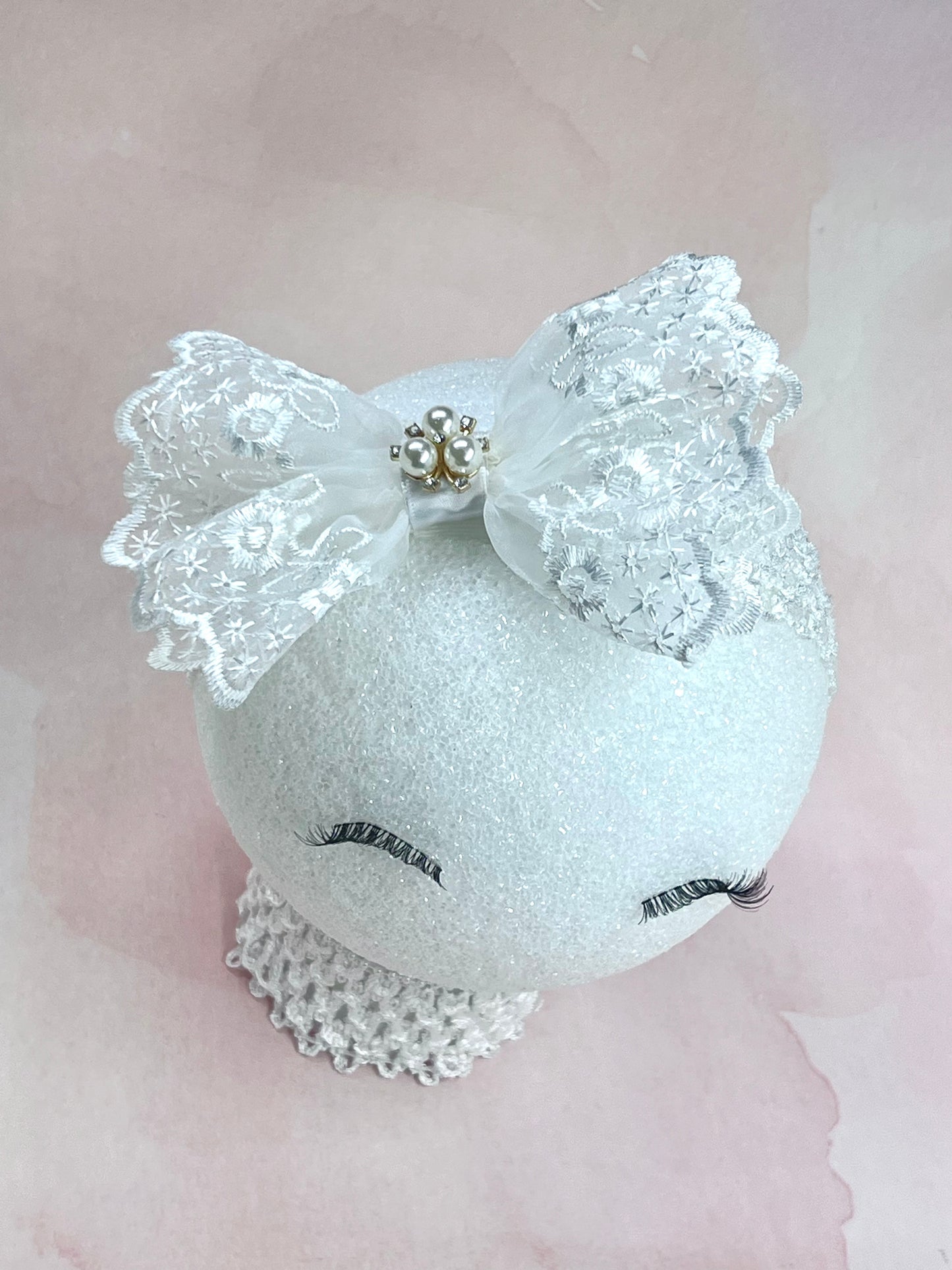 Exquisite Lace Elastic Headband with Pearl and Rhinestone Center – Perfect for Newborns and Special Occasions - Wedding Hair Bow Accessories