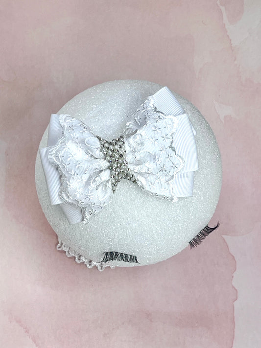 Delicate White Lace and Grosgrain Hair Clips Bow with Rhinestone Center – Wedding Hair Clips.