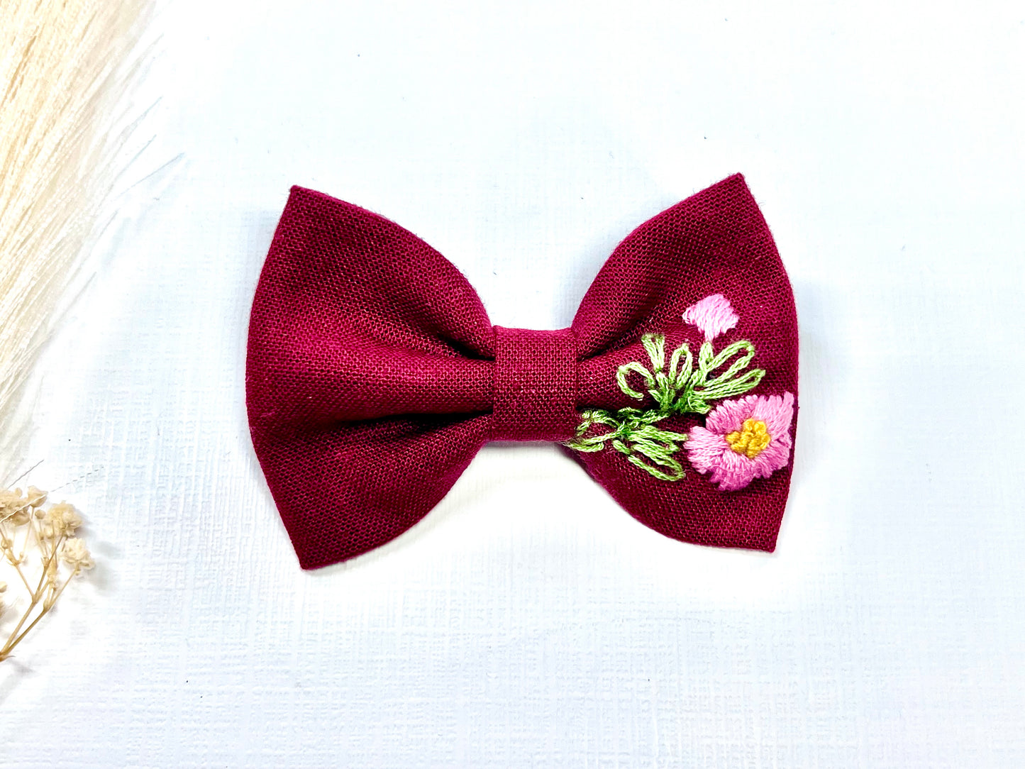 🌸 Hand Embroidered Linen Bow Clips – Girls Hair Clips. Elegance in Every Stitch!