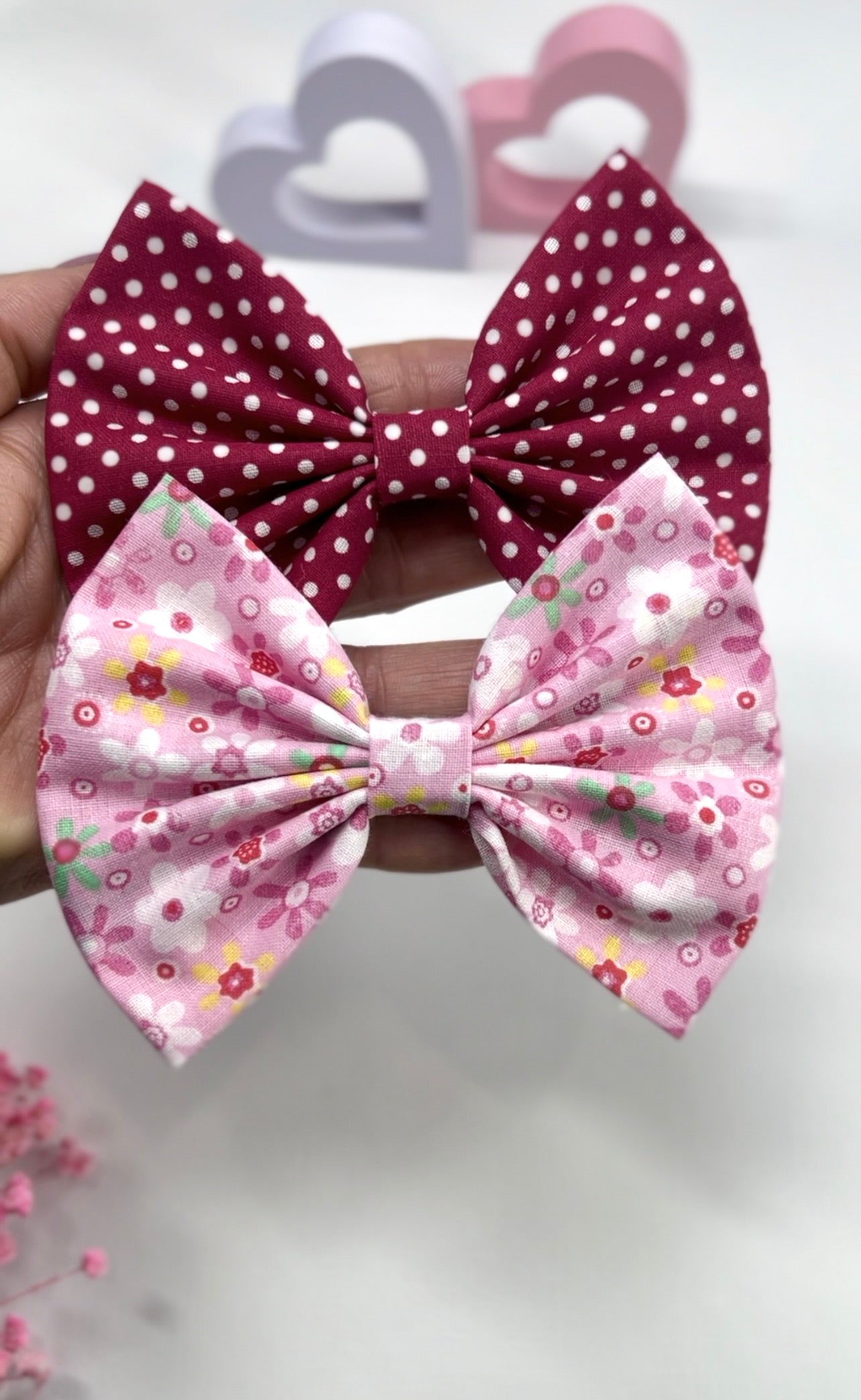 Set of 2 Fabric Hair Clips – Polka Dot + Floral Bows with Nonslip Backing | Girls Hair Clips Bows | Polka Dot Hair Bows
