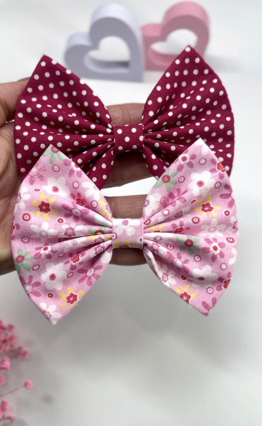 Set of 2 Fabric Hair Clips – Polka Dot + Floral Bows with Nonslip Backing | Girls Hair Clips Bows | Polka Dot Hair Bows