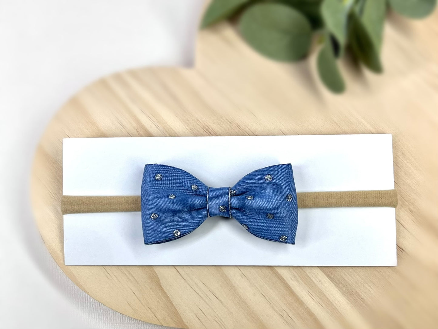 Chic Denim Bow Headbands with Silver Dots.