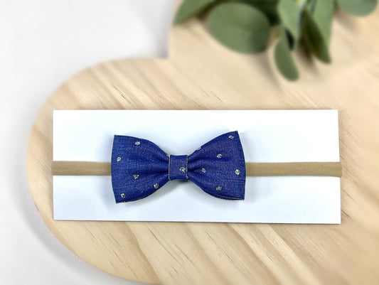 Chic Denim Bow Headbands with Silver Dots.